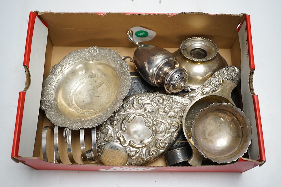 A group of assorted sundry silver including a cased set of six Elkington & Co silver teaspoons with tongs, Quaich, sugar bowl, mirror, toast rack, caster, vesta cases, etc. Condition - poor to fair